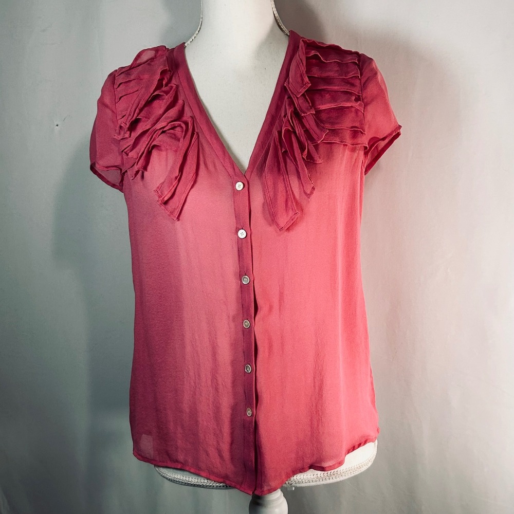 Talbots Pink Silk Ruffle V-Neck Button Down Blouse Short Sleeve Size 6